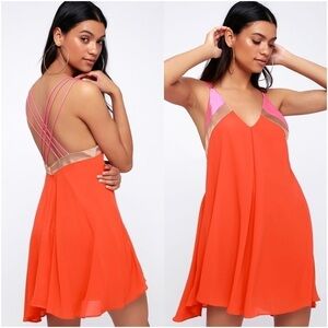 LULU’S Bright On Coral Orange Color Block Swing Dress